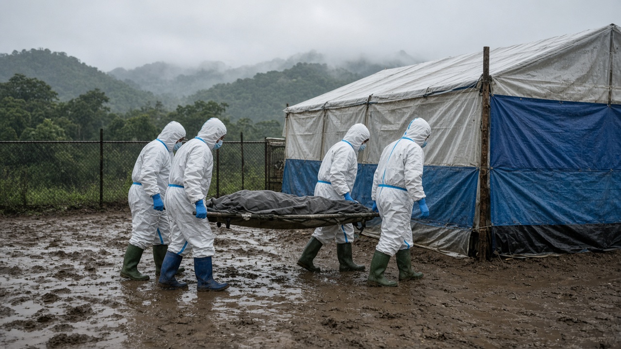Health workers in full protective suits carry a stretcher outside a tarp-walled Ebola treatment unit in a muddy North Kivu compound, with misty green hills behind the fence.