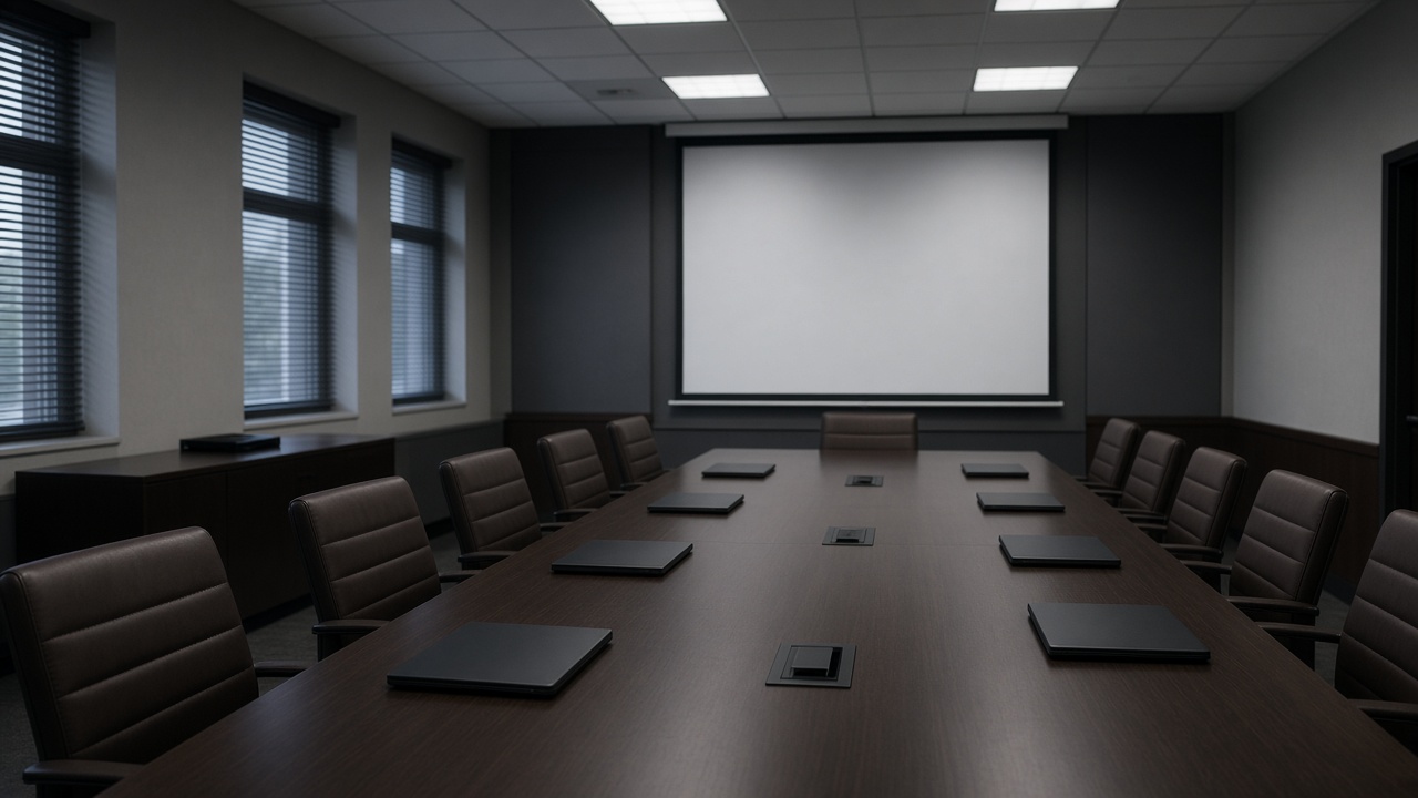 Government conference room with a long table, laptops closed, and a blank projection screen under ceiling fluorescents, no logos or readable text