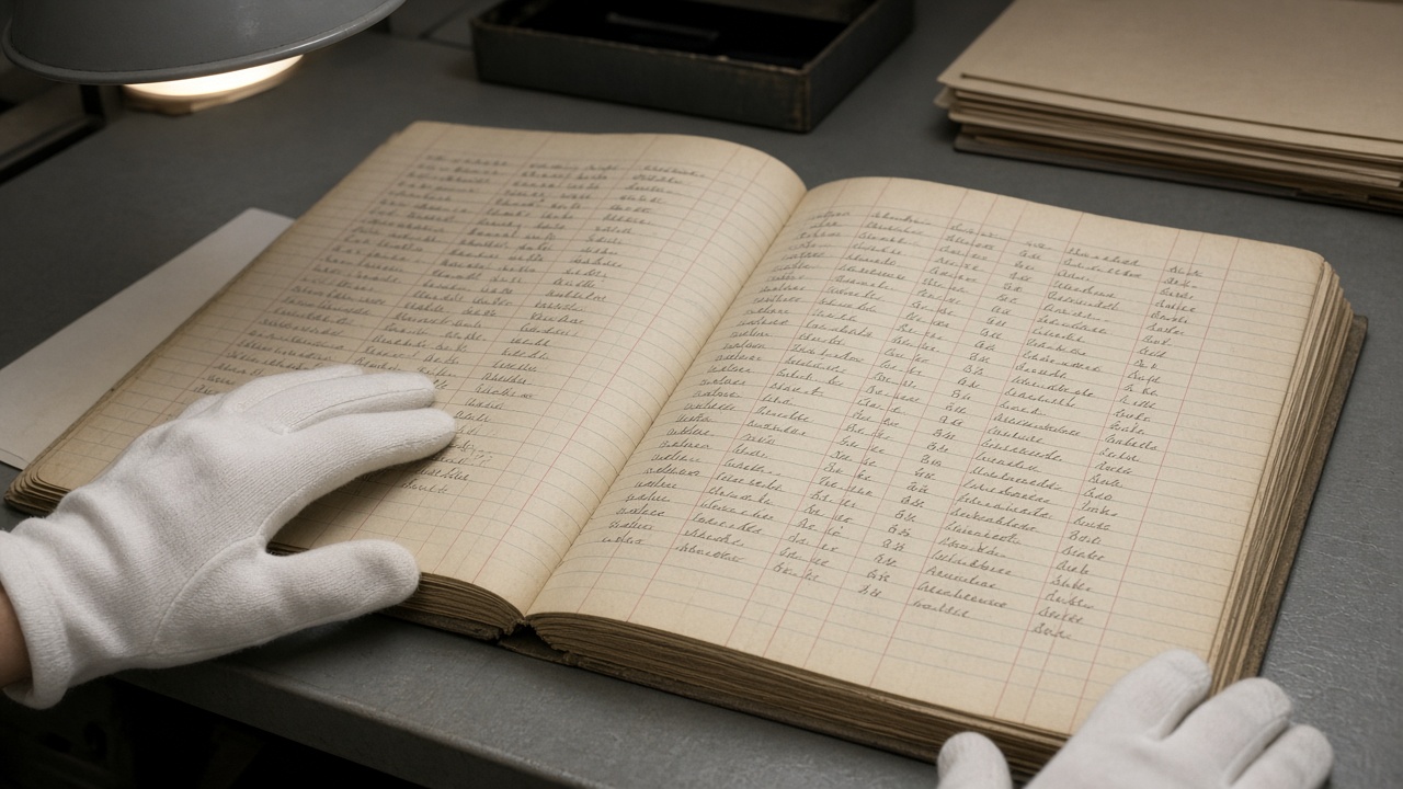 Archivist desk with open handwritten weather ledger and cotton gloves, fluorescent archive lighting, handwriting visible but not readable, no logos