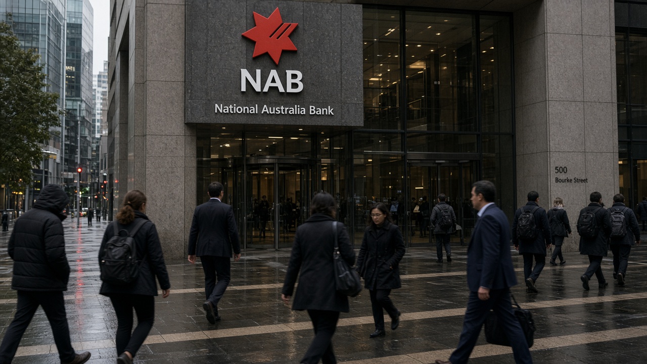National Australia Bank corporate headquarters entrance in Melbourne with NAB signage, commuters passing on wet pavement, overcast morning light, documentary street photography