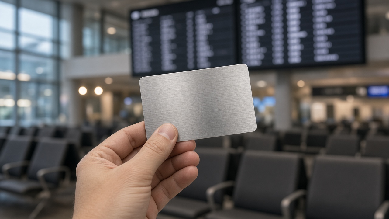Close-up of a hand holding a platinum rewards credit card above an airport lounge seating area, departure boards blurred in background, cool terminal lighting, no logos or readable text