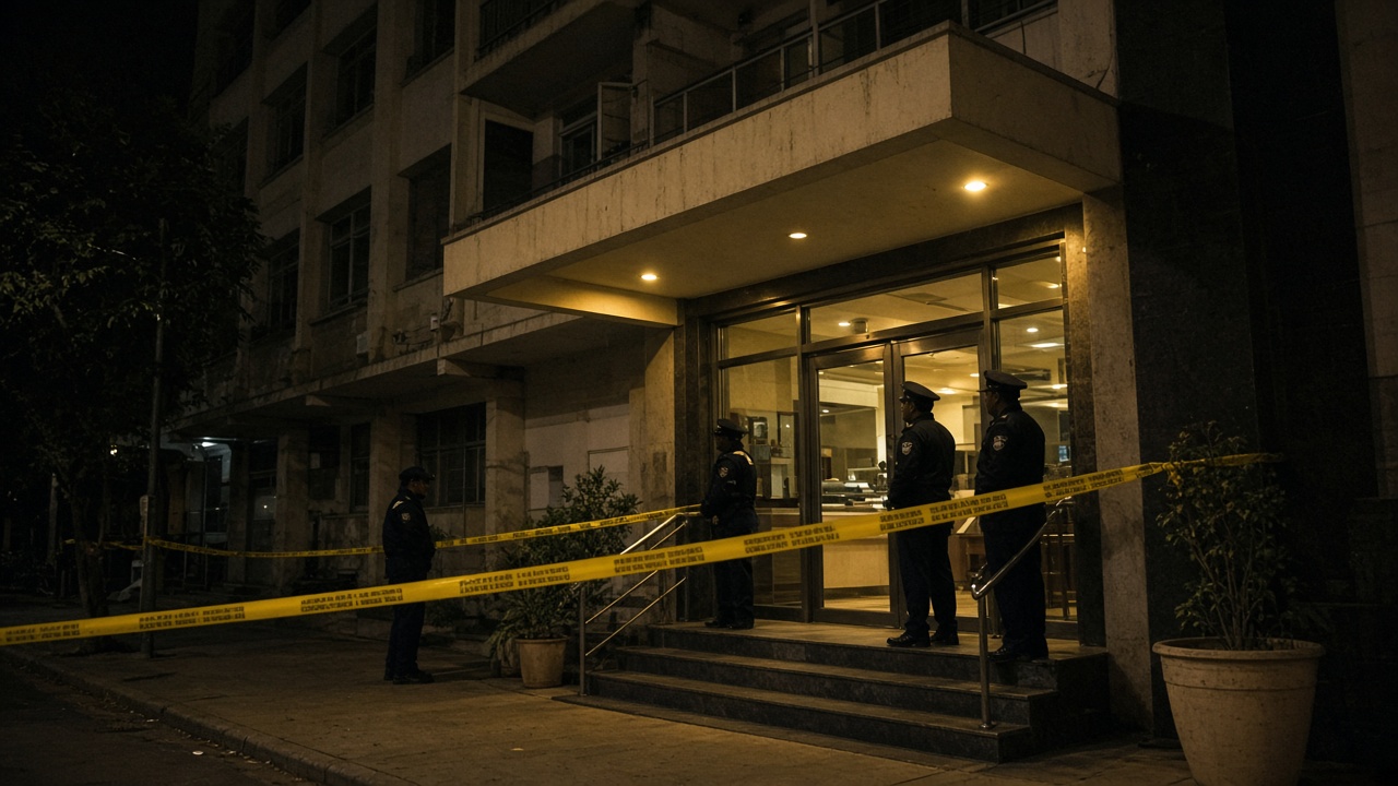Yellow police tape stretches across the entrance of a mid-rise city hotel at night while officers in uniform stand under awning lights in Naha