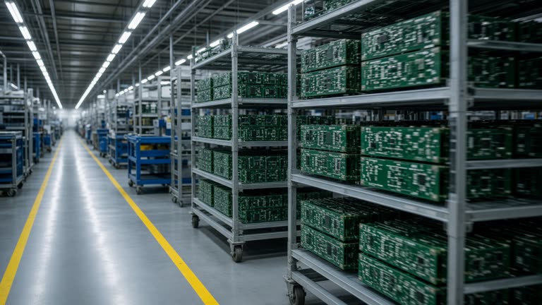 Electronics factory aisle with green circuit board panels on rolling racks, yellow safety floor markings, cool white LED strips, slight motion blur, no logos or readable text