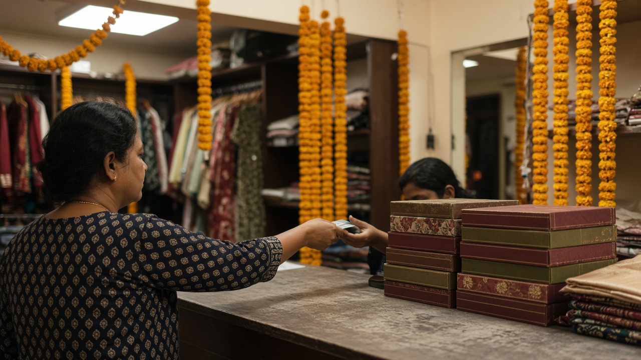 Shopper tapping contactless card at a festive garment store counter with marigold garlands and stacked saree boxes, warm indoor light, no logos or readable text