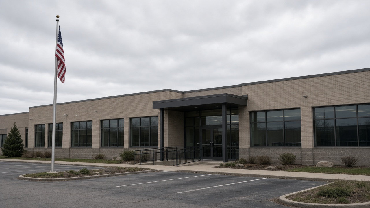 Credit union branch exterior with American flag pole and parking lot under overcast sky, documentary wire photo, no logos or readable text