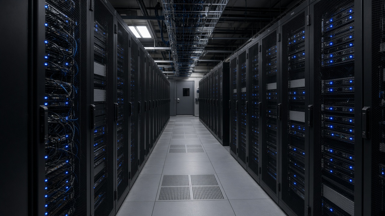 Rows of network server racks in a UK enterprise datacentre aisle, blue status LEDs, cable trays overhead, cool air, no readable text on labels