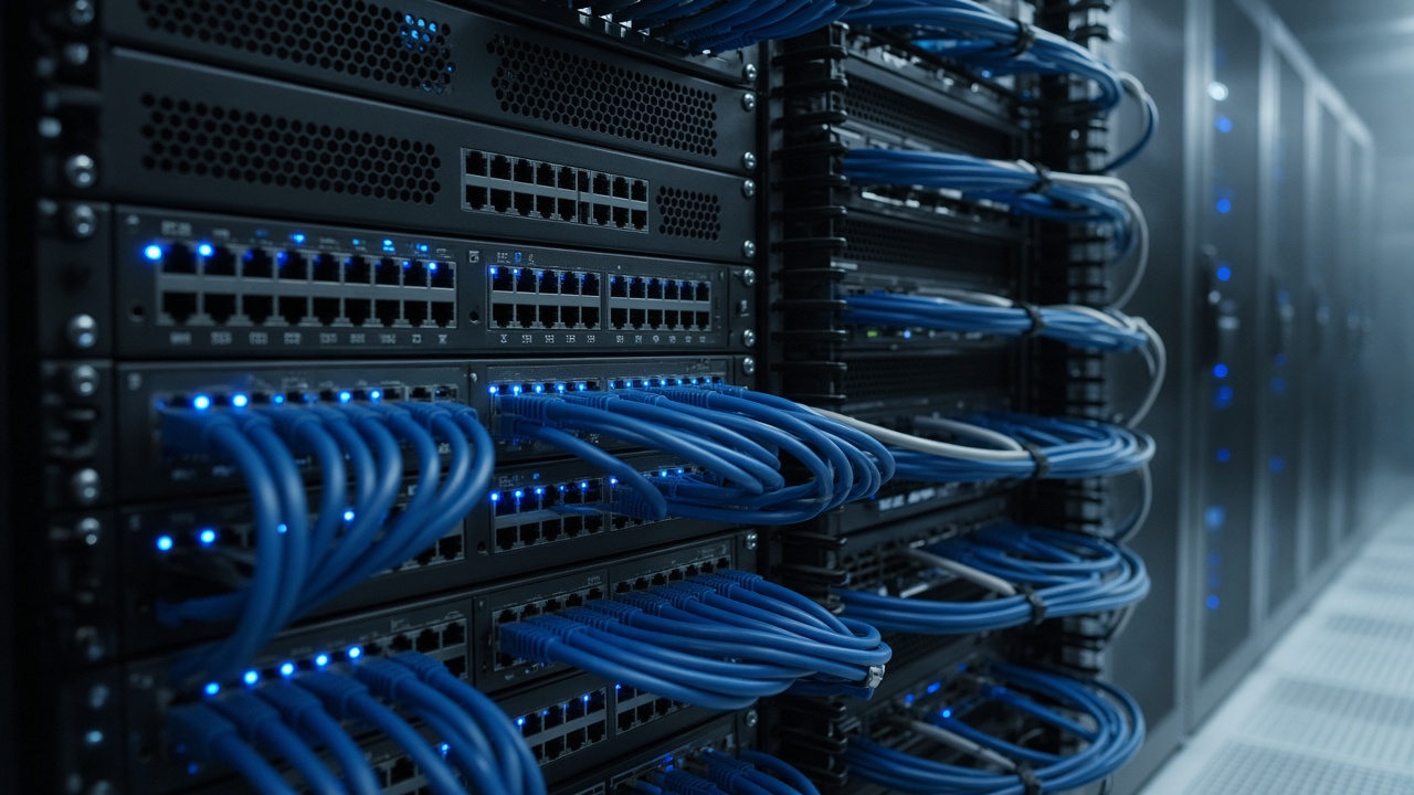 Rows of network switches and patch cables in a data centre aisle, blue status LEDs, cool air, no readable labels