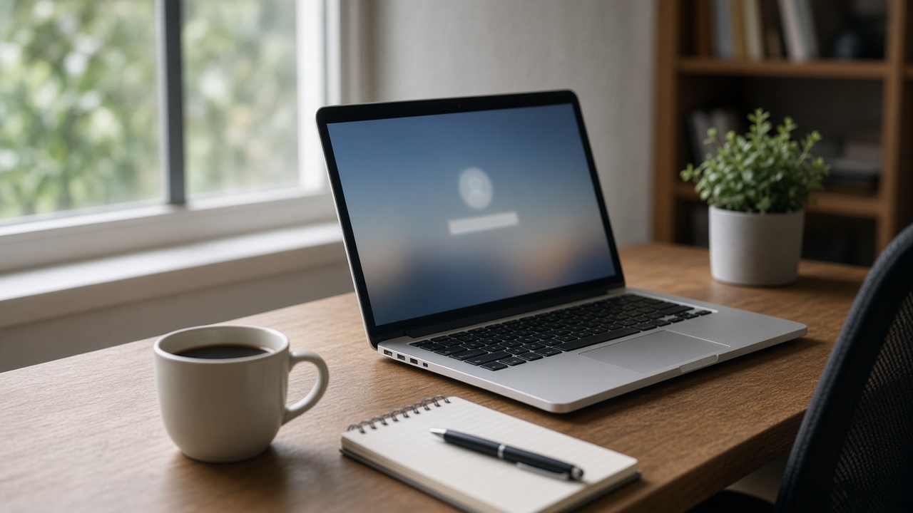 Home office desk with laptop open to a blurred login screen, coffee mug and notepad, window light from the left, no readable text on the display