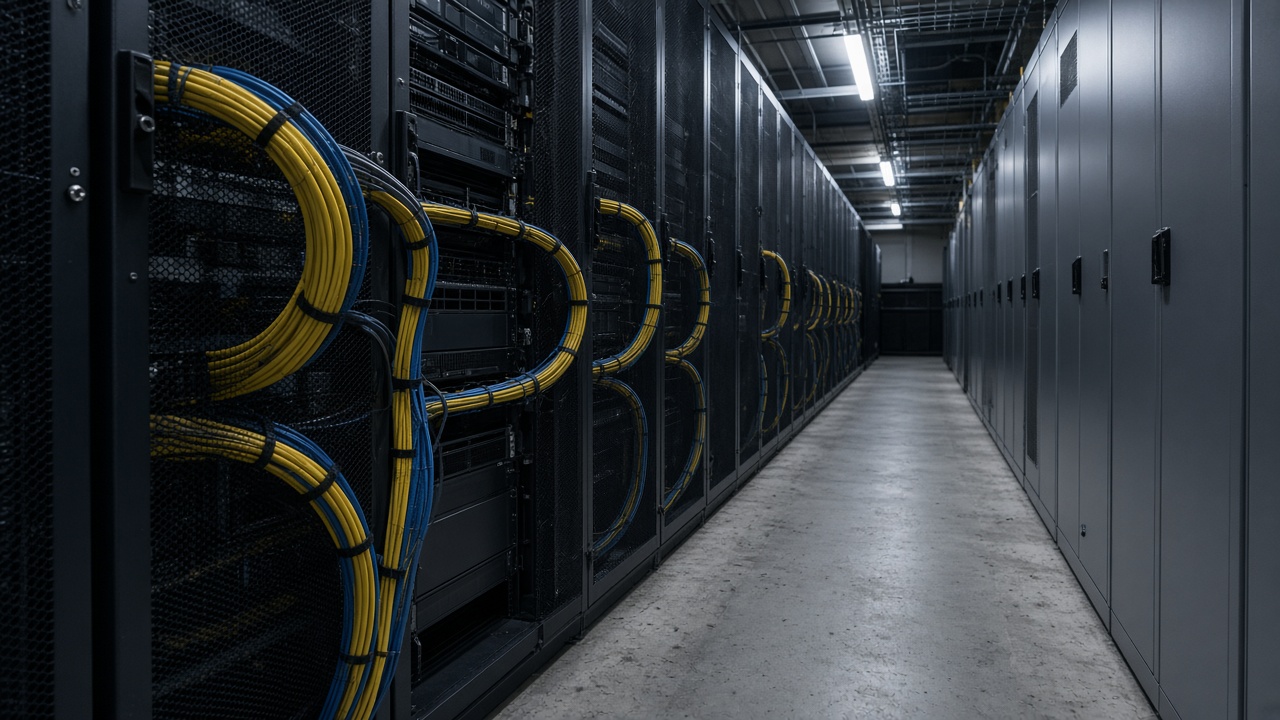 Data-center style server racks with bundled fiber cables and blank metal panels, cold aisle lighting, concrete floor scuffs, documentary angle, no logos or readable text