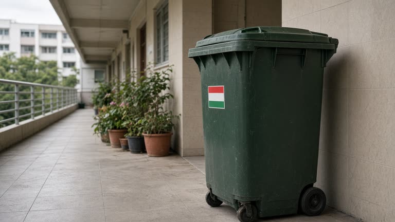NEA inspection sticker on a green refuse bin beside an HDB common corridor, overcast afternoon, potted plants in background, no people or readable text