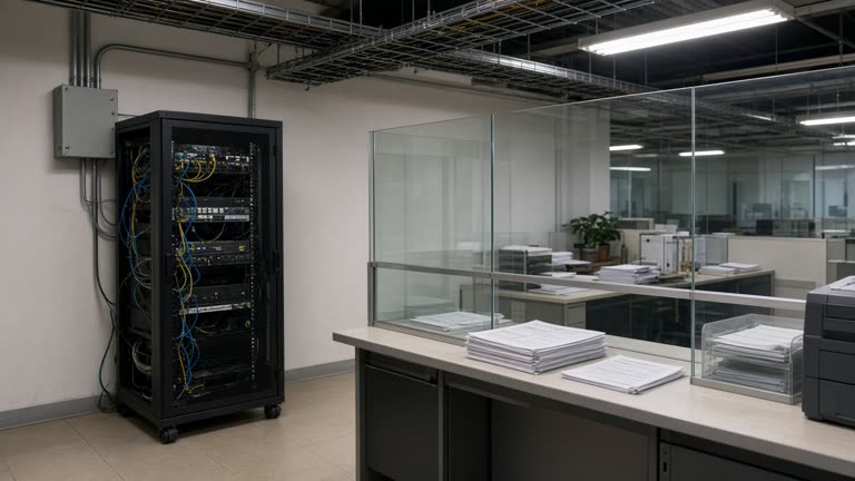 Small office server rack beside a Japanese municipal service counter with partition glass and stacked paper forms, fluorescent ceiling light, no logos or readable text