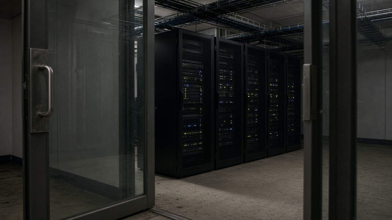Blinking server rack LEDs in a locked bank data room seen through a glass door, cable trays overhead, no logos or readable text