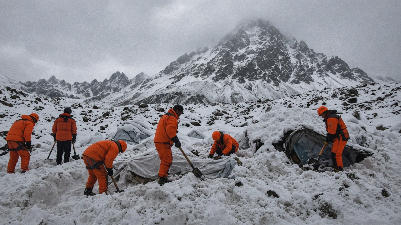 Rescue workers in bright jackets probe avalanche debris near snow-covered tents at a high Himalayan base camp, with a steep ridge and overcast sky behind them