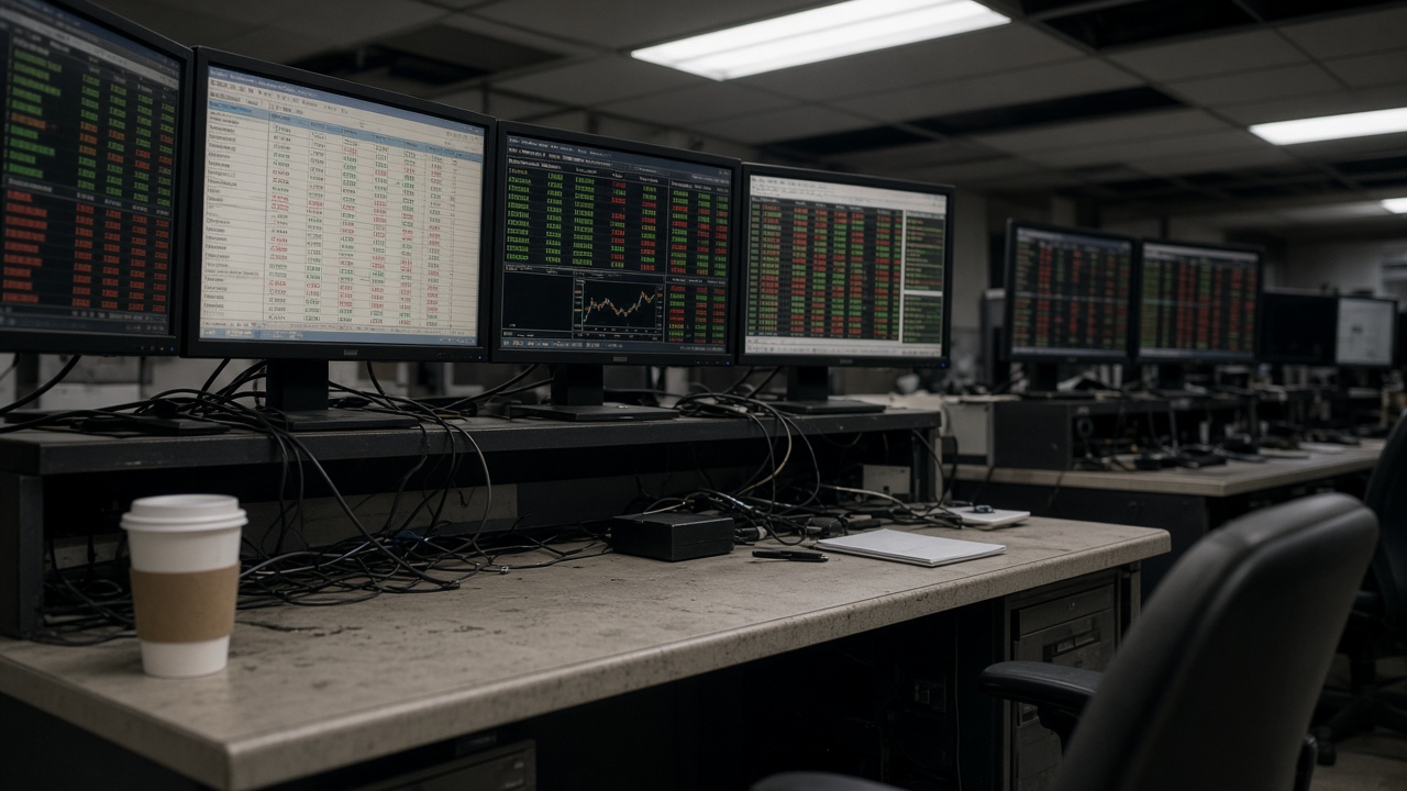 Empty equities trading desk with multiple mismatched monitors showing green and red price grids, coffee cup and tangled cables, overhead fluorescent light, no logos or readable text