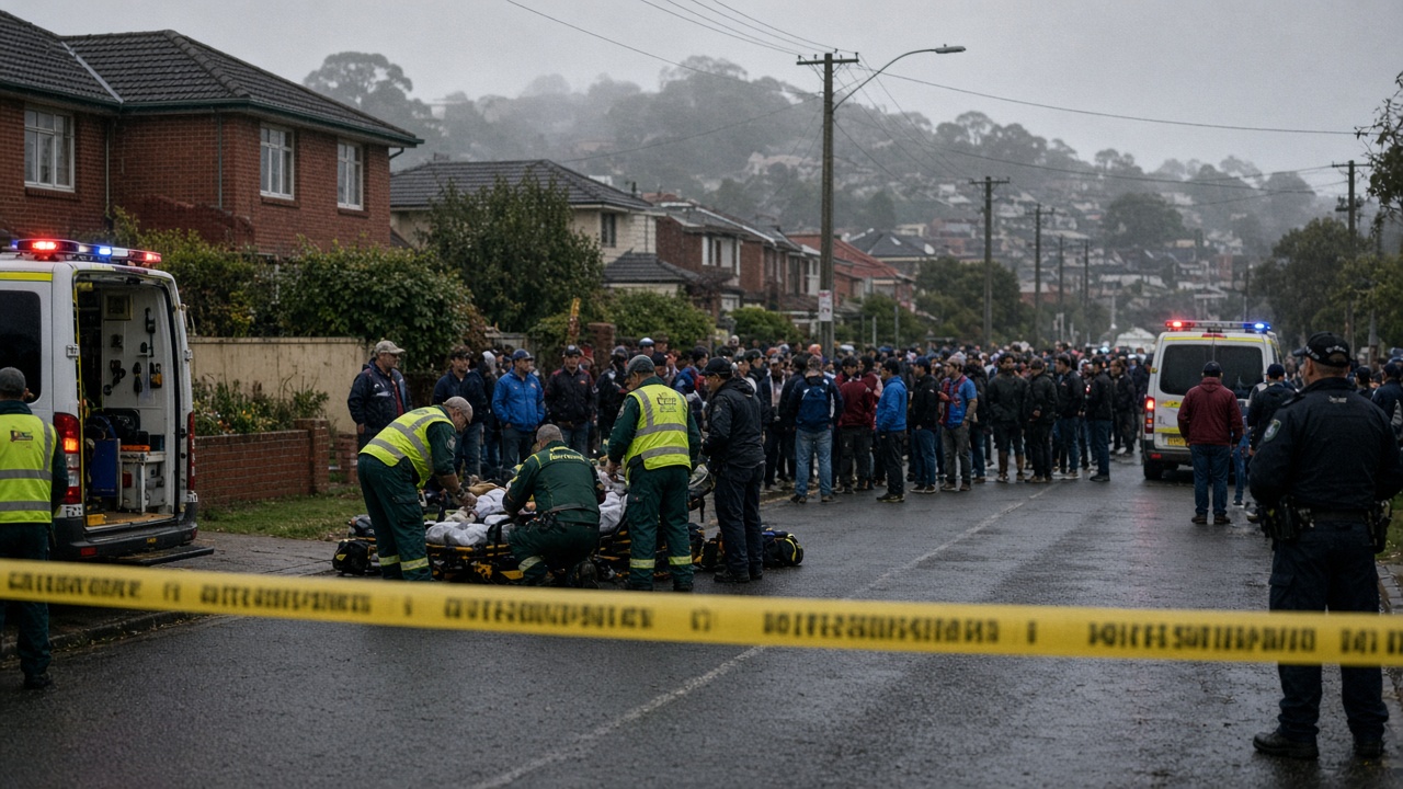 Police tape and ambulances block a suburban road in Newcastle as emergency workers attend to injured people near a diverted rugby league fan gathering