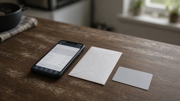 Kitchen table with a smartphone showing a banking app beside an unopened white envelope and a plain credit card, soft window light, no logos or readable text