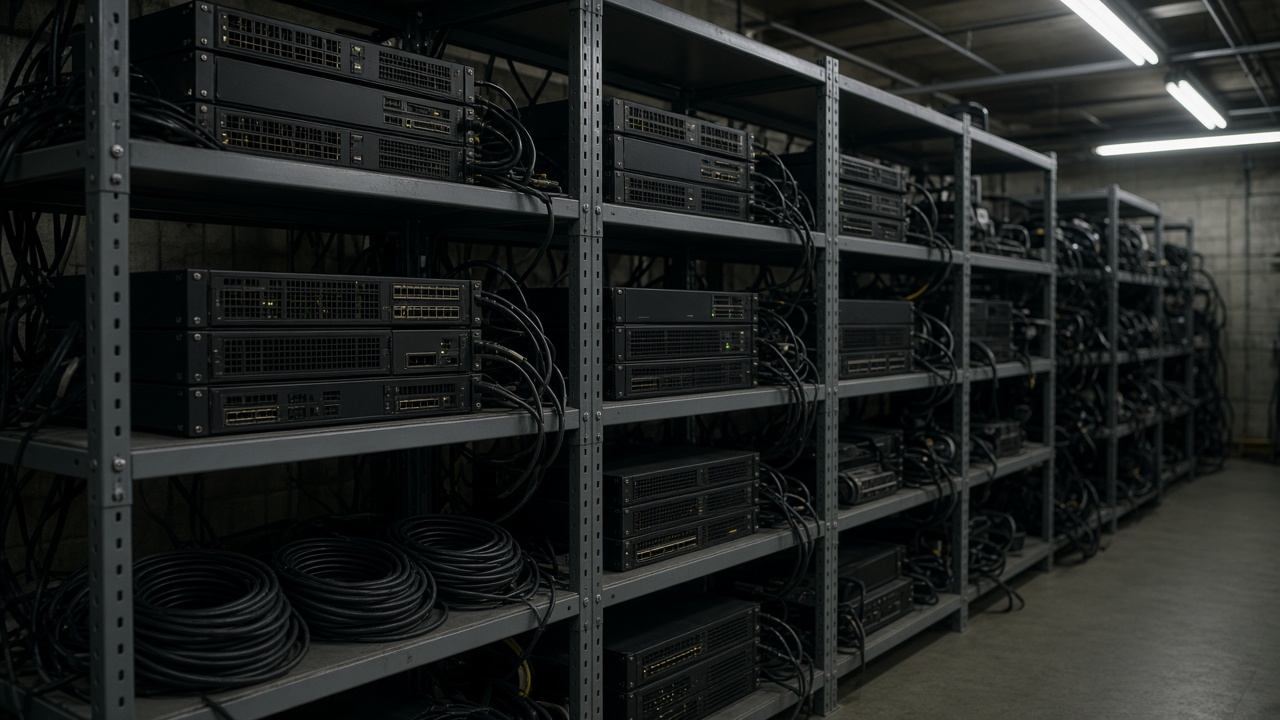 Industrial unit interior with racks of electronic equipment and coiled cables on metal shelving, fluorescent strip lighting, no people, no logos or readable text