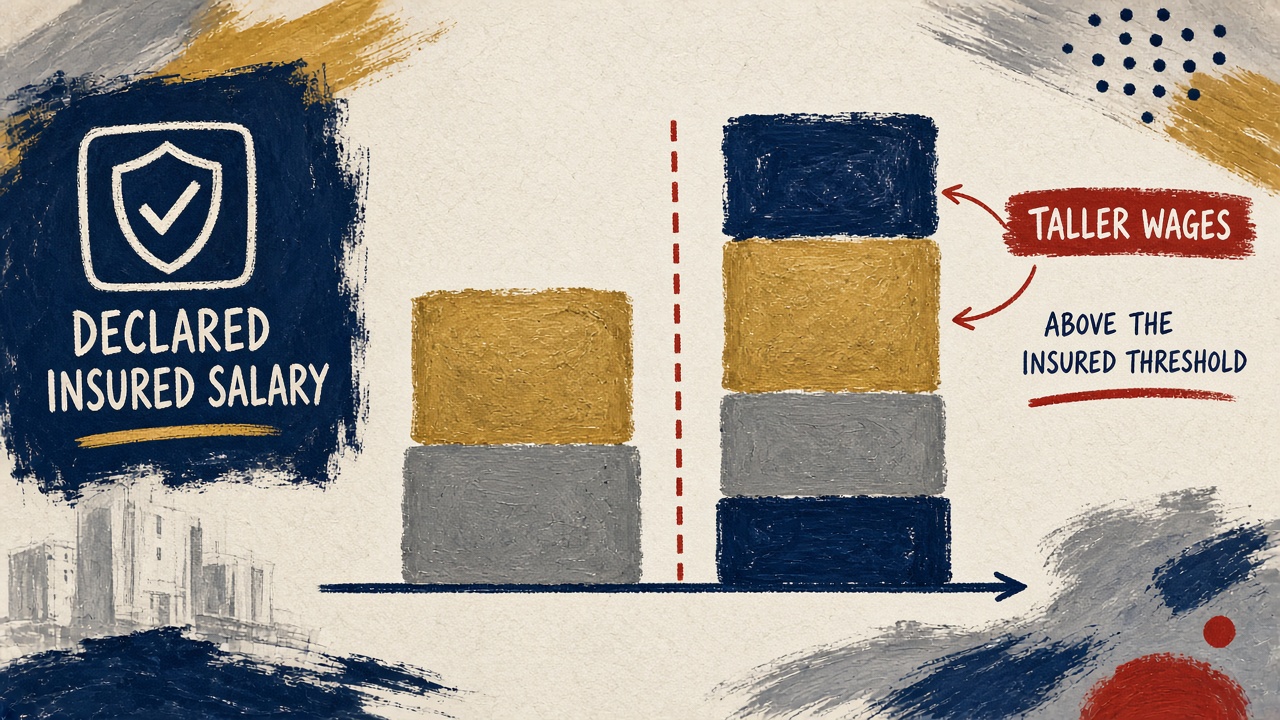 Diagram of a worker paycheck split into an insured salary block and a taller stack of wages above it