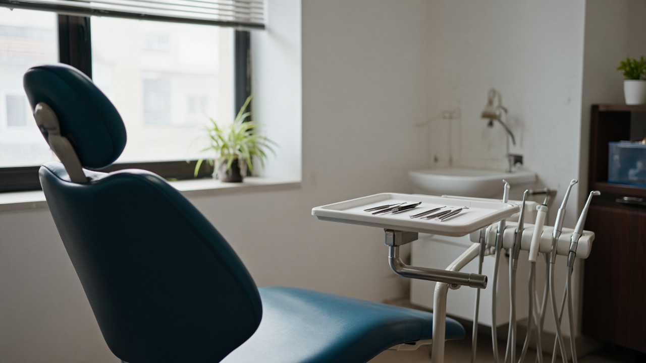 Dental examination chair in a small neighborhood clinic, tools on a tray, soft daylight from a window, no logos or readable text