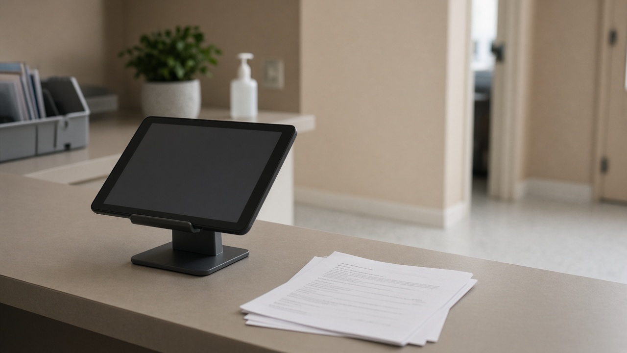 Primary care clinic counter with a tablet on a stand and folded paper forms, beige walls, soft daylight, no logos or readable text