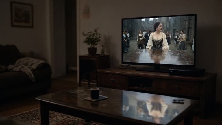 A living room television glowing with a historical costume drama scene reflected on a low table, evening interior light, no logos or readable text