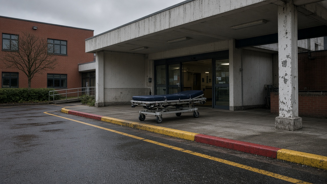 UK hospital accident and emergency ambulance bay with empty trolley and yellow line markings, overcast evening, no readable vehicle markings