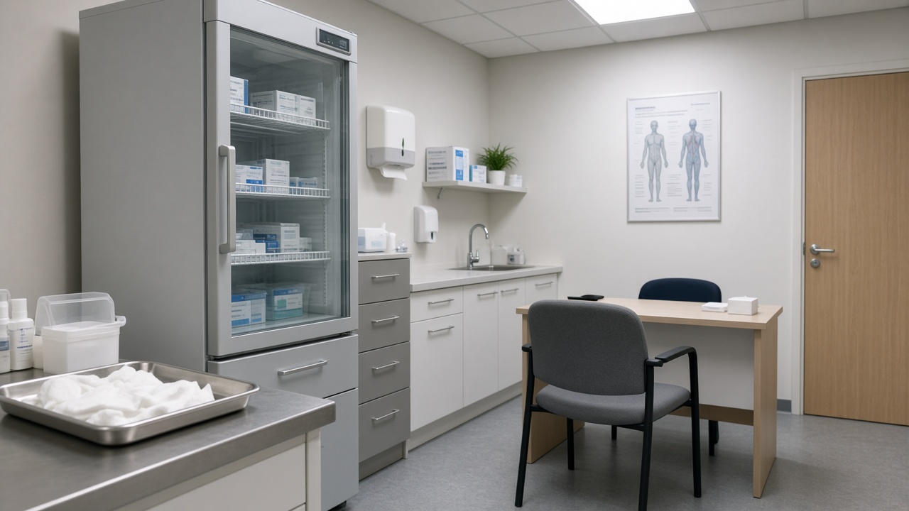 Community pharmacy consultation room with vaccine fridge and cotton gauze on a tray, fluorescent light, no readable labels