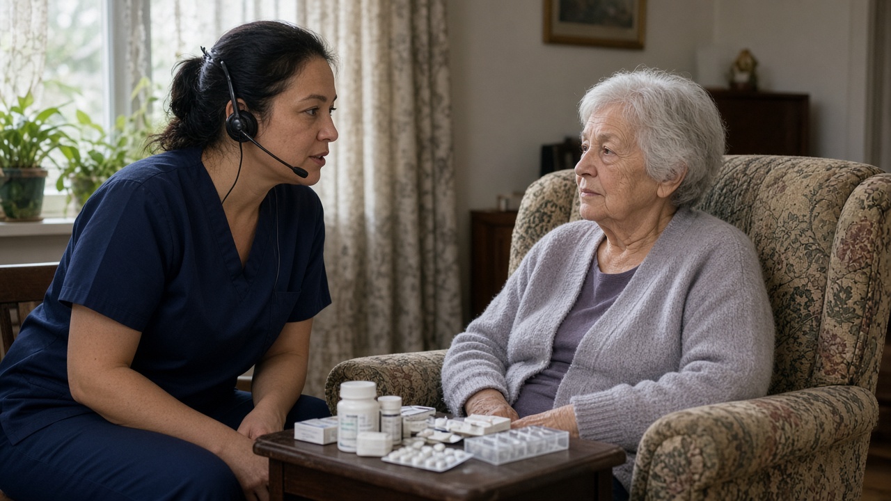 Community nurse with headset speaking to a patient seated in a living room armchair, medication on a side table, soft daylight, no logos or readable text.