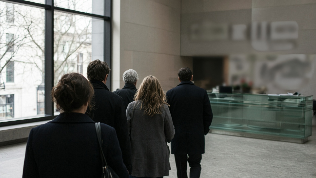 Health insurer office foyer in Newcastle with glass reception desk and muted corporate signage blurred, overcast daylight through tall windows, commuters with backs to camera, no logos or readable text