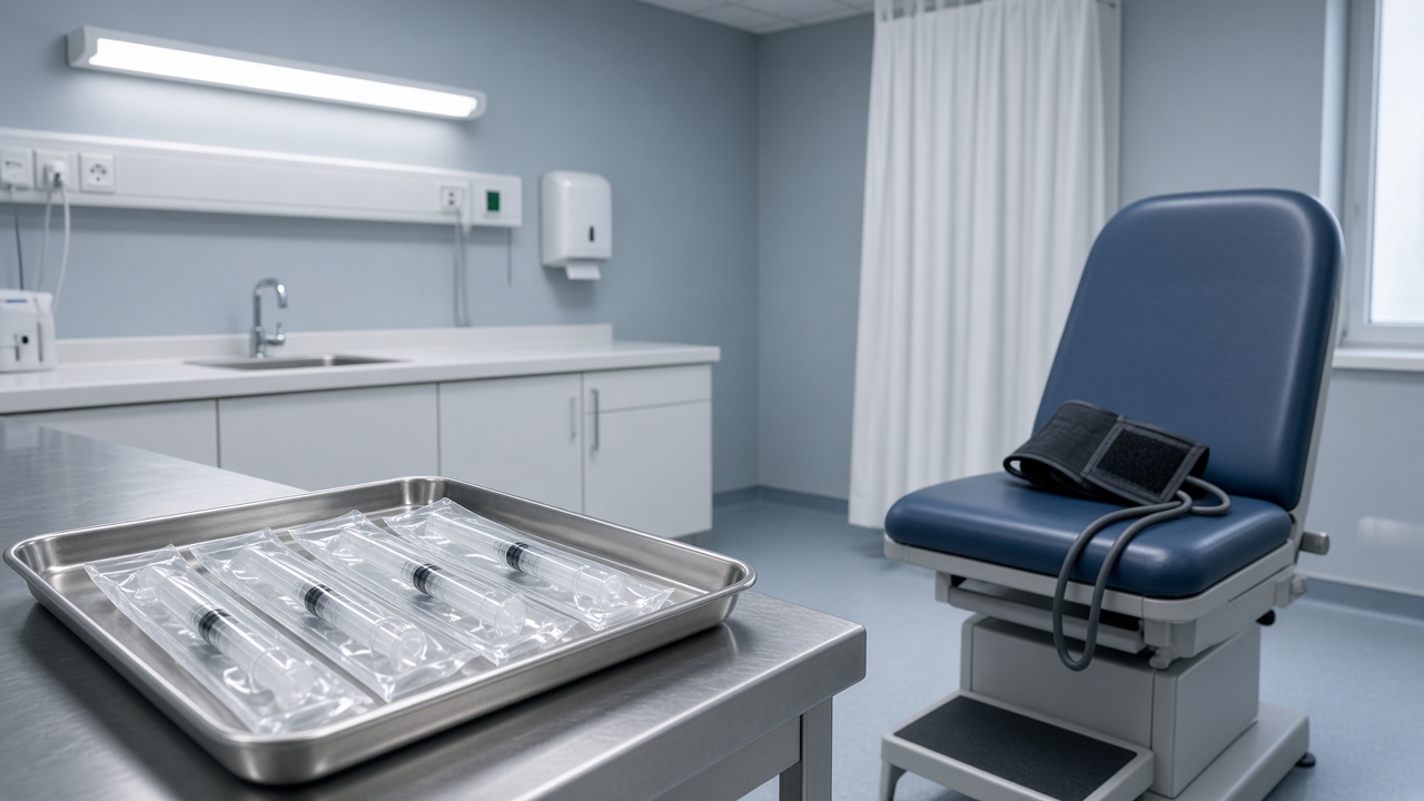 A clinic treatment room with sealed syringe packaging on a stainless tray and blood-pressure cuff on a chair, clinical fluorescent lighting, no logos or readable text
