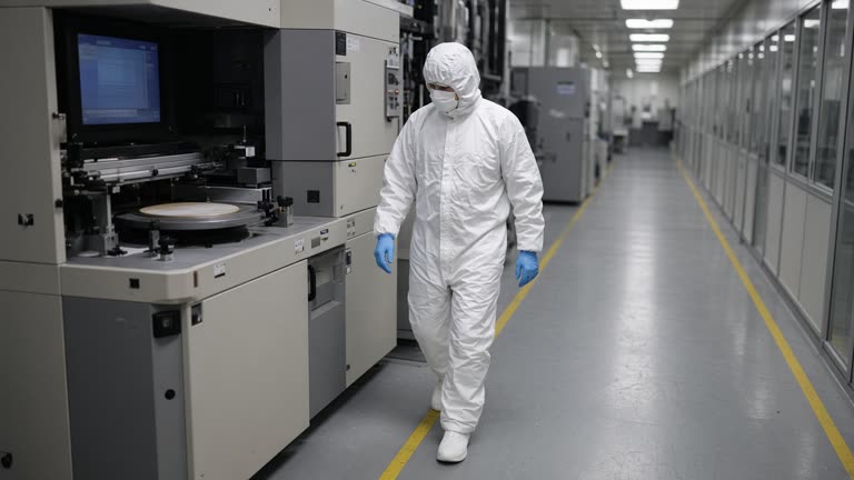 Semiconductor cleanroom corridor with yellow safety lines, technician in white hooded suit walking beside wafer inspection tool, blue monitor glow, faces obscured by hoods, no logos or readable screens