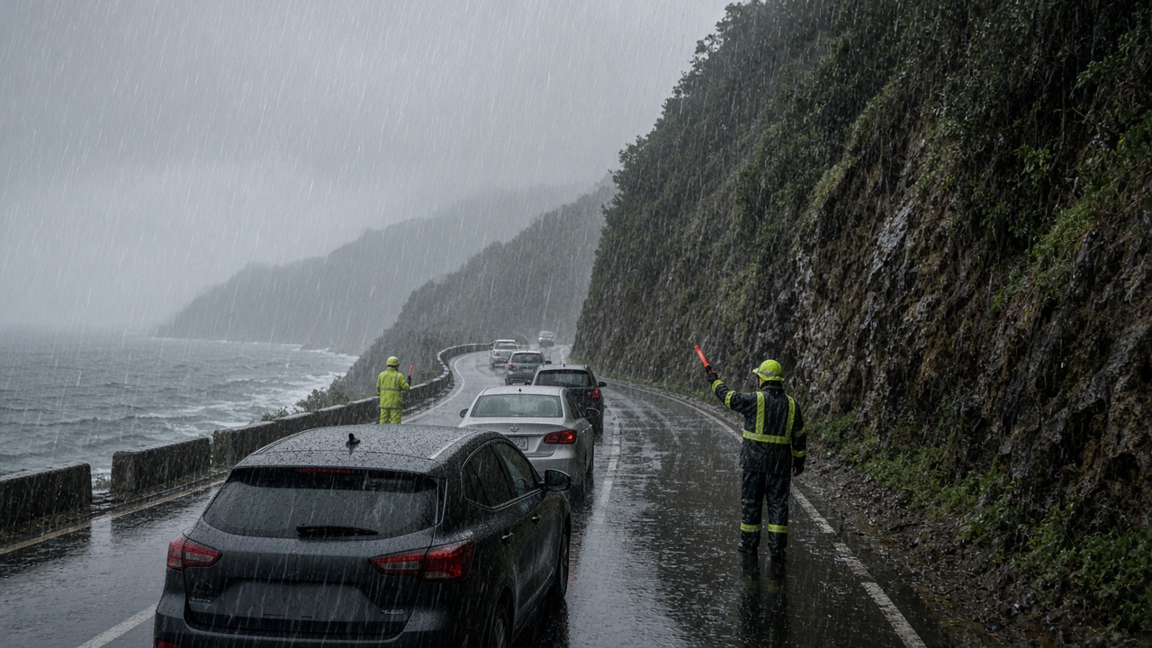 Torrential rain lashes a coastal road on a steep Izu island hillside as workers in reflective gear guide a line of cars away from a cliffside lane.