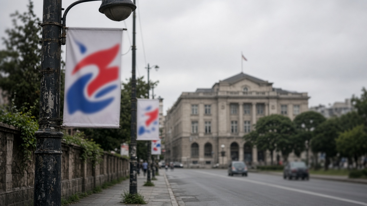 Urban street with blurred political campaign banners on lampposts and a municipal building facade in background, afternoon overcast light, no readable text.