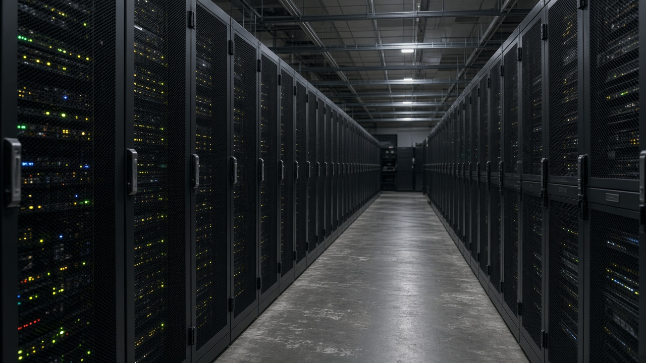 Tokyo stock exchange data center aisle with rows of server racks and blinking status lights, empty corridor perspective, no people, no logos or readable text