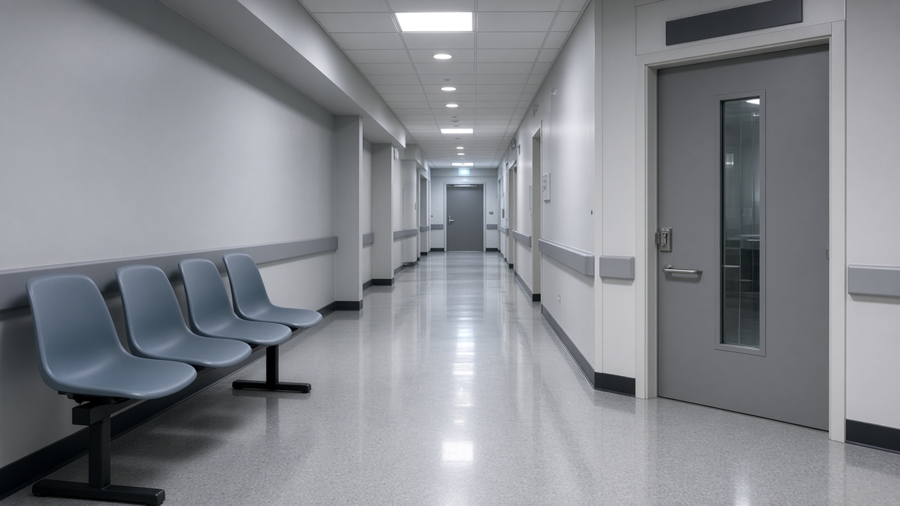 Hospital MRI suite corridor with closed scanner door, plastic chairs in waiting nook, cool fluorescent light, no readable signage or faces