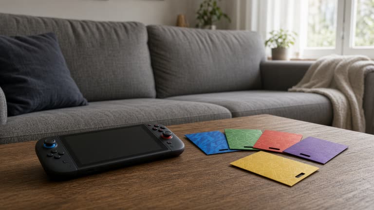 Living room sofa with a handheld game console and colorful gift card sleeves on a coffee table, soft window light, no faces and no readable text on screens