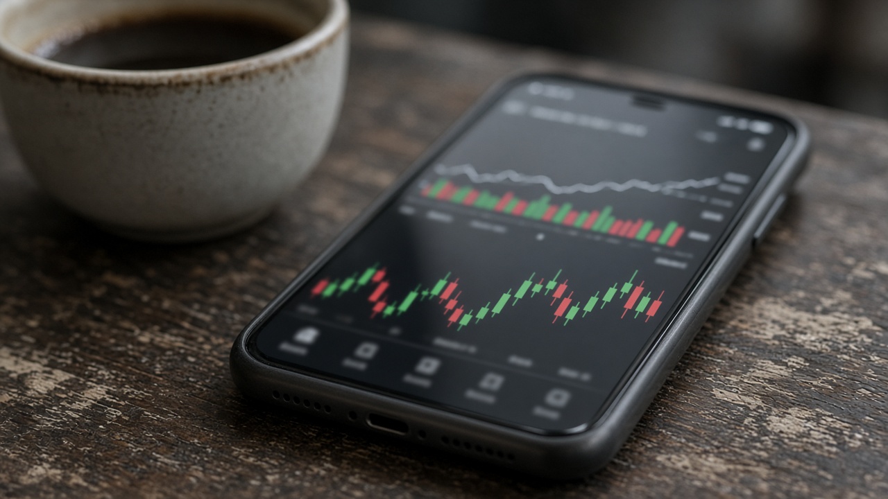Close-up of a smartphone on a desk showing a blurred trading app interface with green and red bars, coffee cup nearby, no logos or readable text