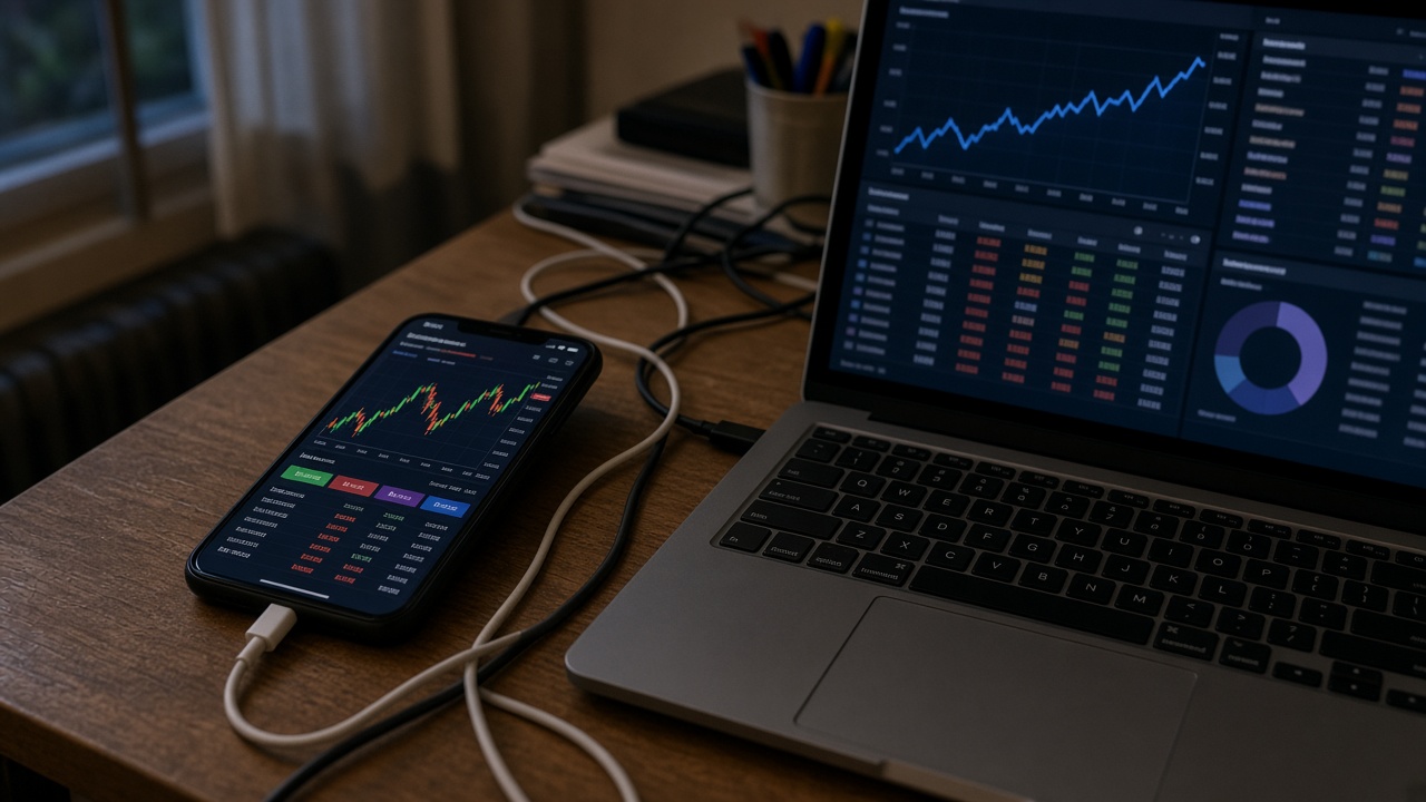 A home desk with a smartphone showing a colorful fake trading app beside a laptop, tangled charging cables, evening apartment lighting, no logos or readable text