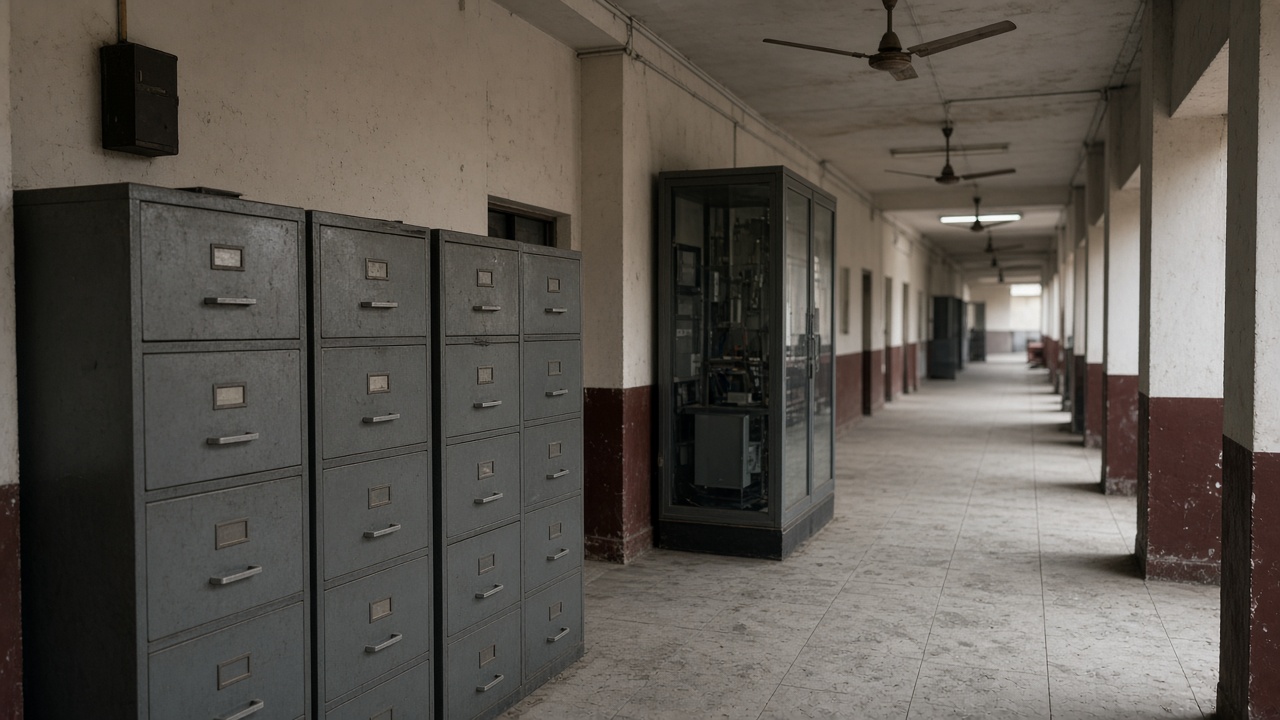 Indian district administration office corridor with metal filing cabinets, ceiling fans, and a glass-door server cabinet, afternoon light, no readable documents or faces