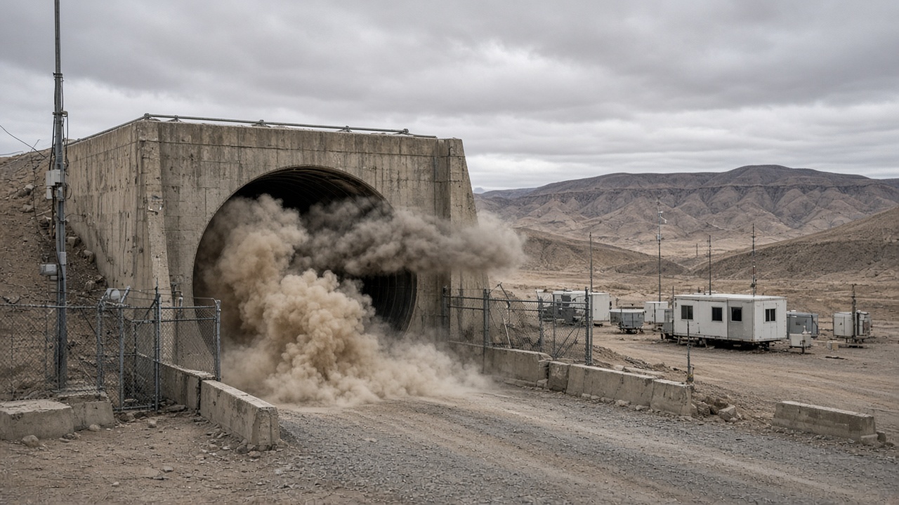 Dust venting from a sealed tunnel portal at the Nevada National Security Site after a subsurface chemical explosive test, with desert ridgelines and monitoring trailers in the background.