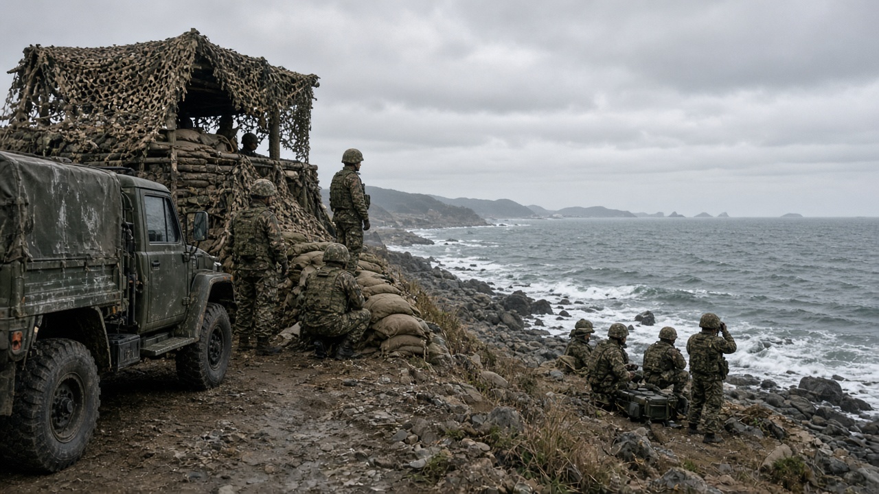 South Korean army vehicles and personnel at a coastal observation post facing the East Sea after a North Korean missile launch alert on October 12, 2026