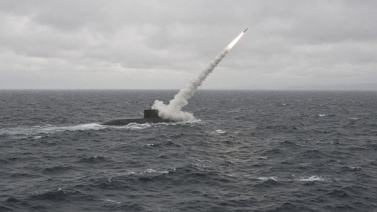 A North Korean submarine sails on a grey East Sea horizon as a cruise missile breaks the surface in an official state photo style scene