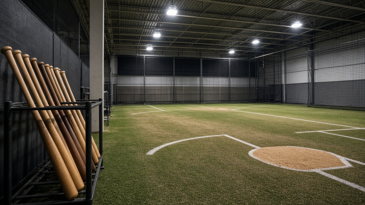 Indoor baseball practice facility with bats in a rack and empty infield turf under industrial lighting, no logos or readable text
