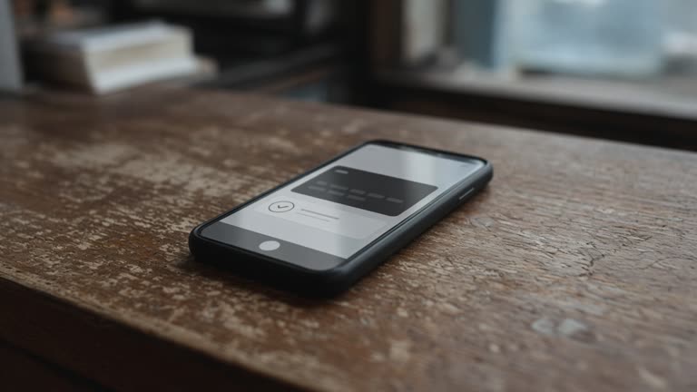 Smartphone lying on a wooden shop counter displaying a generic mobile payment interface with blurred numbers, ambient daylight, no readable text or logos