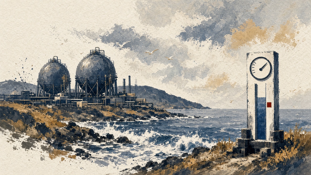 Editorial illustration of the Kurnell desalination plant on the coast with spherical storage tanks and a simple dam storage gauge reading high