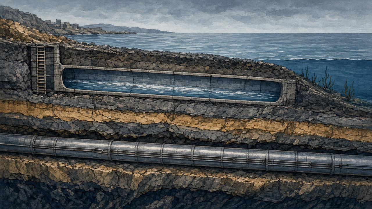 Cutaway illustration contrasting a dam water pipe and a long desalination pipeline tunnel under a bay