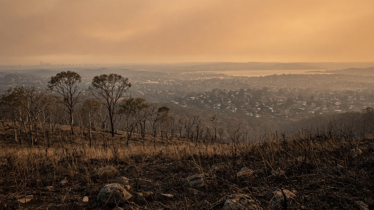 Dry grass and eucalyptus on a ridge above suburban Sydney under hazy orange sky as heat shimmers over the horizon