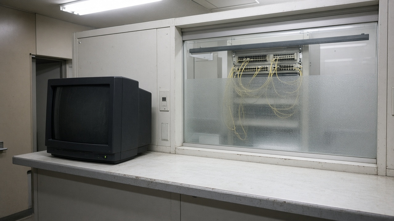 Japanese telecom service counter with a retired CRT monitor turned off and a fiber patch panel visible behind frosted glass, fluorescent office lighting, no logos or readable text