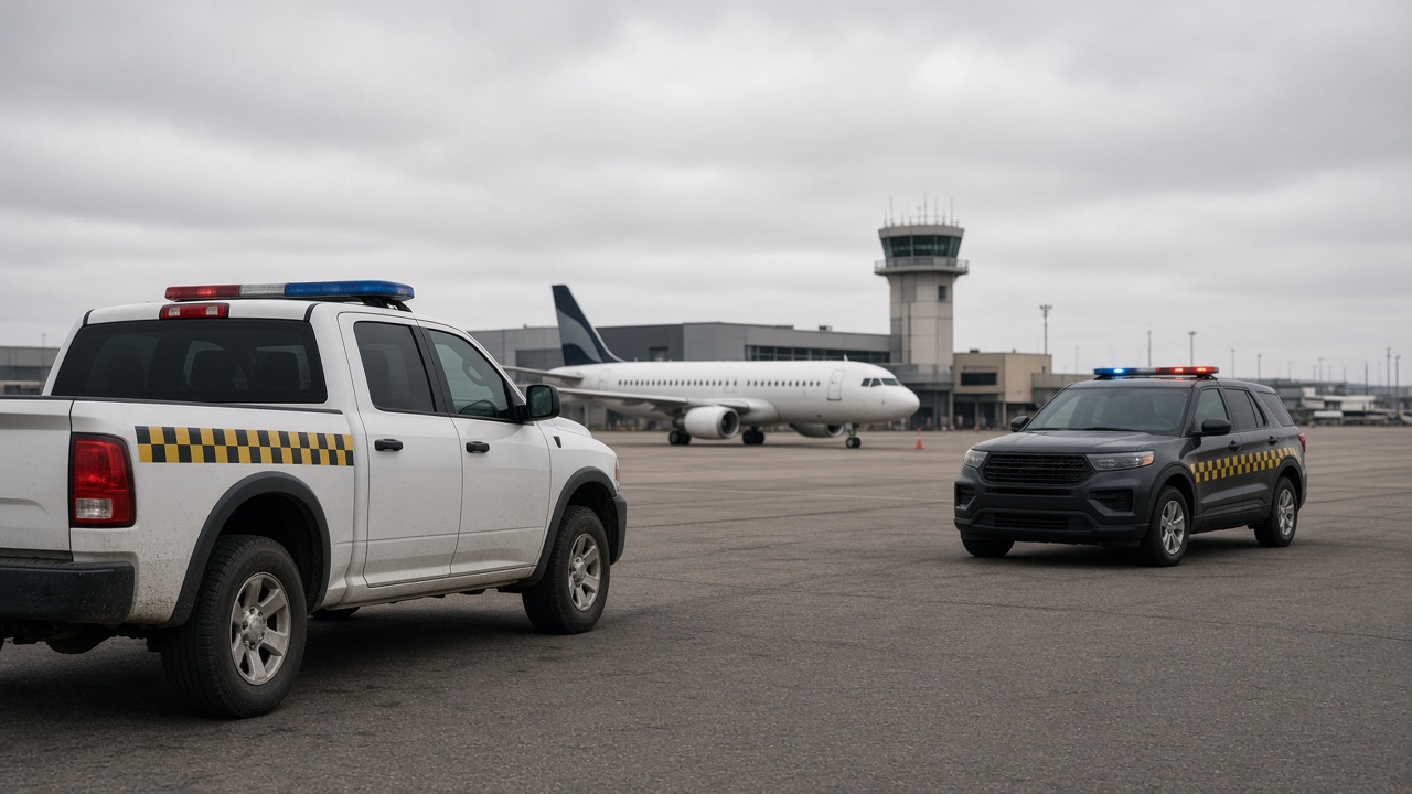 Police vehicles near a regional airport terminal apron as a passenger jet taxis in the background under overcast morning light