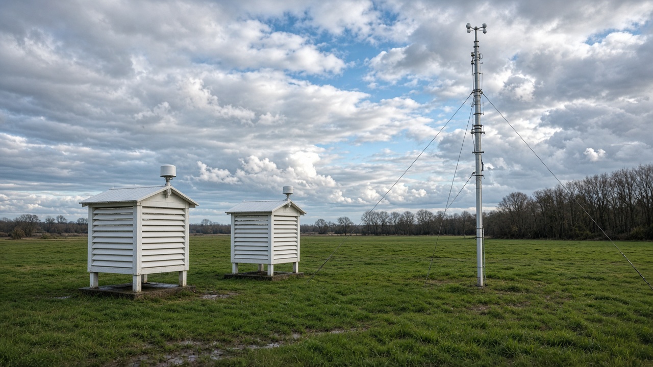 Weather observation field with white instrument shelters and guy-wired mast under broken morning clouds, wet grass, cool light, no logos or readable text